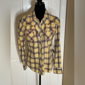 Ryan Michael Women’s Pearl Snap Gold Burgundy Brown Red Western Plaid Shirt S 